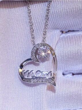 Silver 'Mom' Heart Pendant Necklace with Cubic Zirconia